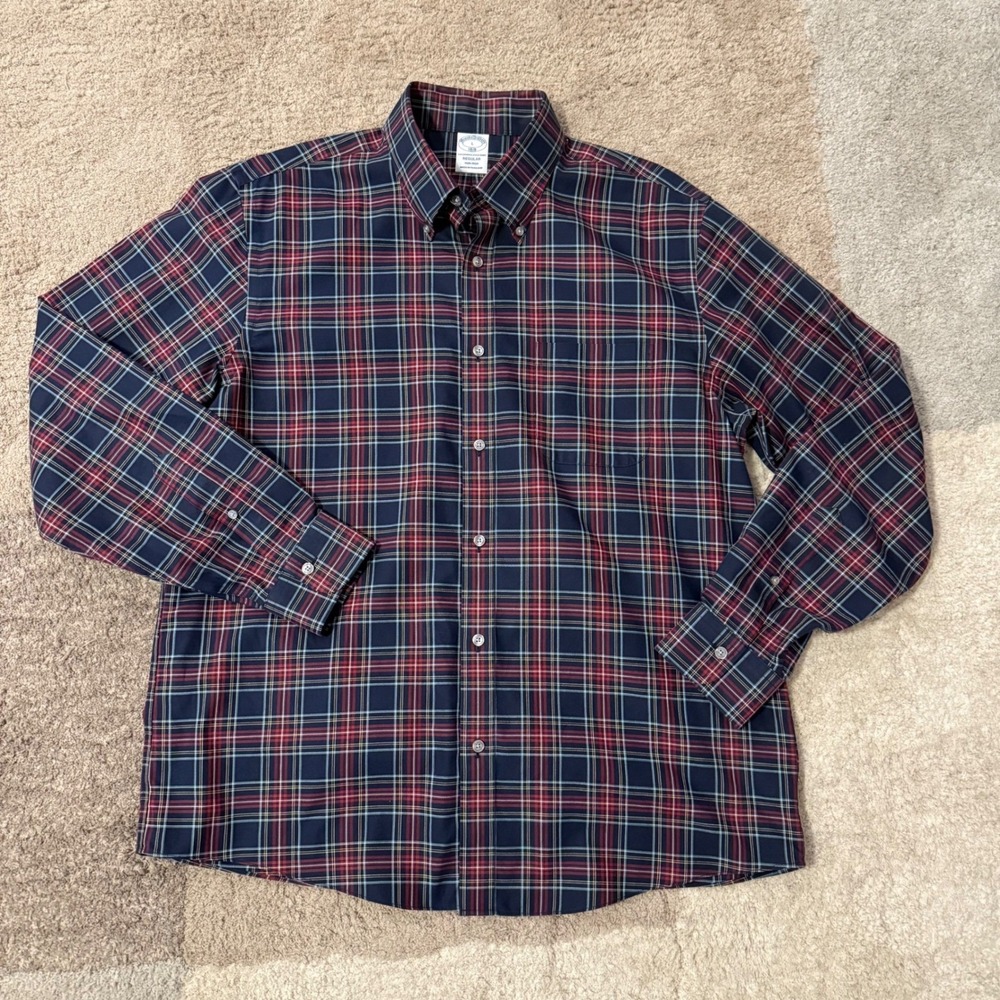 Brooks Brothers 1818 Mens Regular Fit NonIron Plaid Button Down Shirt L Navy Red